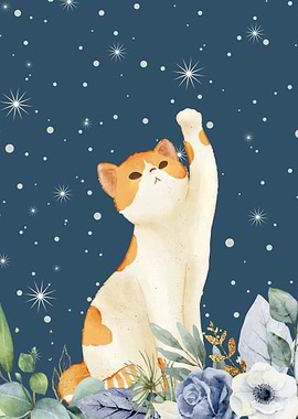 Watercolor Cat Reaching for Stars