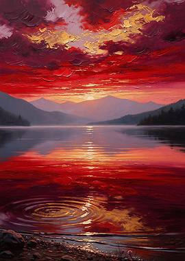 Crimson Sunset Over Mountain Lake