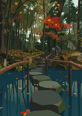 Autumn Stepping Stones in Forest