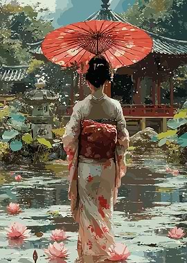 Japanese Garden with Woman and Umbrella