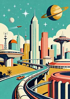Retro Futuristic Cityscape with Space Elements