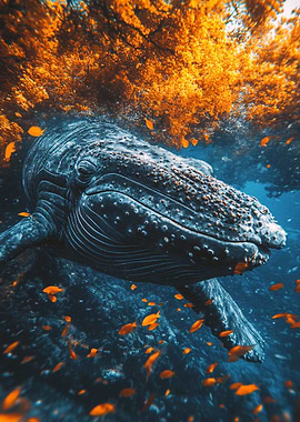 Whale Underwater with Orange Fish