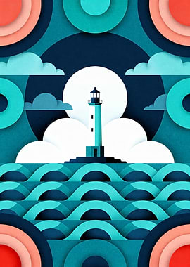 Lighthouse Illustration with Geometric Elements