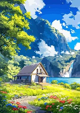 Anime Landscape with House and Waterfall