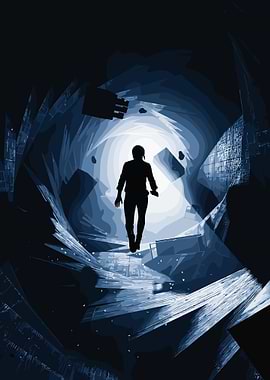 Silhouette in Abstract Blue Tunnel