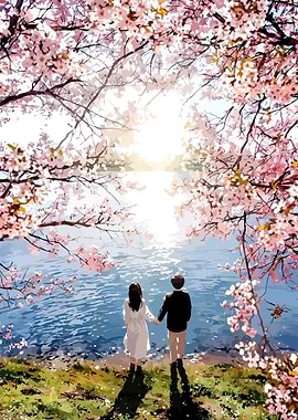 Couple under Cherry Blossoms by Lake