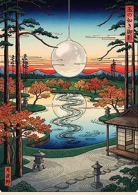 Japanese Garden with Moon Reflection