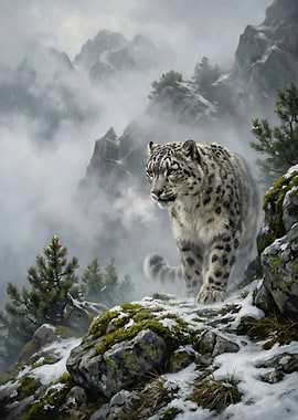 Snow Leopard in Mountain Landscape Painting