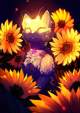 Glowing Cat in Sunflower Field