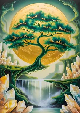 Crystal Waterfall Enchanted Golden Tree with Moonlight and Gems