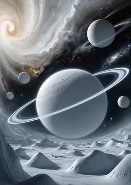 Icy Planet Landscape with Rings