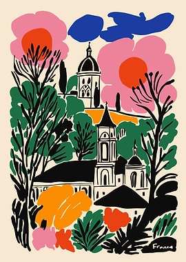 France Landscape with Flowers and Buildings