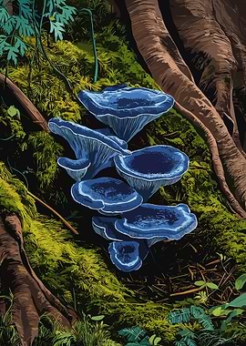 Blue Mushrooms on Mossy Tree