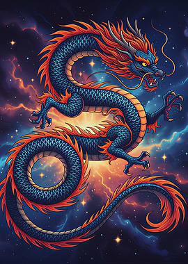 Blue and Orange Dragon in Space