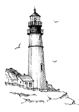 Lighthouse Sketch with Birds and Cottage