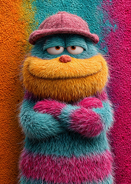 Fuzzy Monster with Hat and Stripes