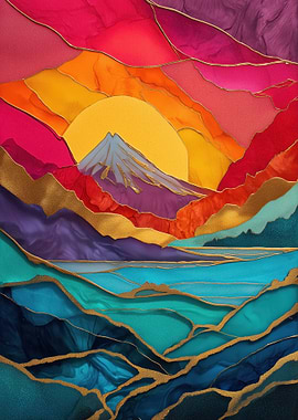 Colorful Mount Fuji Landscape with Golden Accents