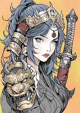 Anime Warrior Woman with Sword and Mask