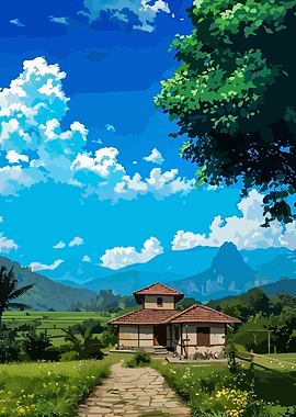 Rural House Landscape with Blue Sky