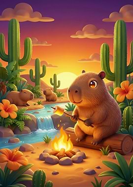 Capybara Campfire Cartoon Illustration