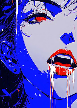 Vampire Woman Portrait in Blue and Red