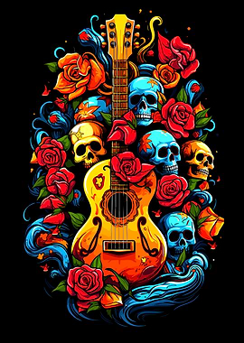 Guitar, Skulls, and Roses Illustration