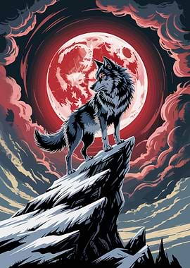 Wolf on Snowy Peak, Red Moon