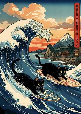 Surfing Cats with Mount Fuji