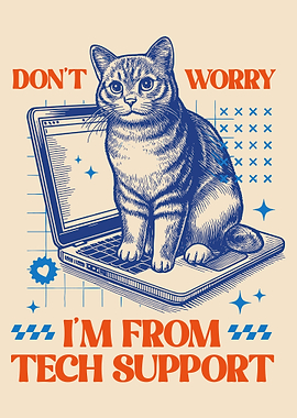 Tech Support Cat Poster, Funny IT Humor Wall Art, Geek Office Decor Laptop Cat Print