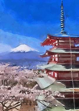 Mount Fuji and Chureito Pagoda Painting