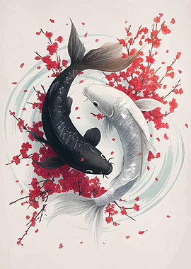 Yin Yang Koi Fish with Blossoms