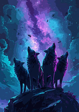 Wolves Howling at Night Sky