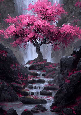 Pink Cherry Blossom Waterfall Landscape