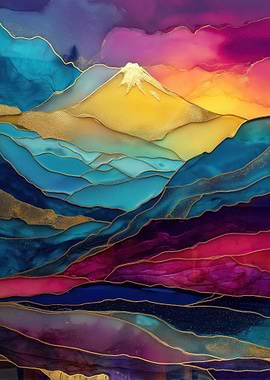 Abstract Mountain Landscape with Golden Accents