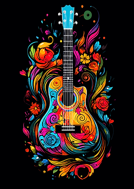Colorful Floral Guitar on Black Background
