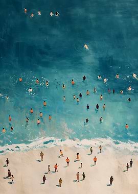 Beach Scene with Swimmers and Sunbathers