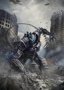 Cybernetic Robot in Destroyed Cityscape