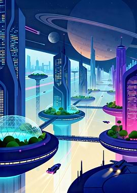 Futuristic Cityscape with Saturn View