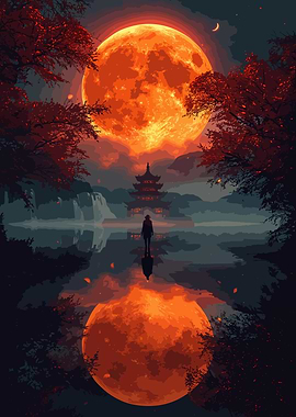 Orange Moon Reflection with Pagoda