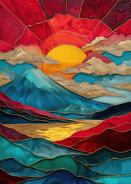 Stained Glass Sunrise Landscape