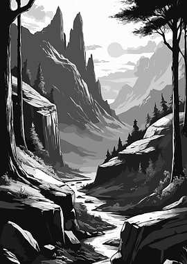 Monochrome Mountain River Landscape