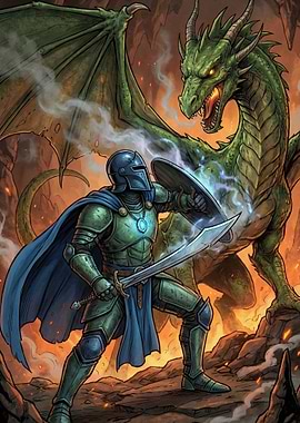 Knight versus Dragon in Fantasy Battle