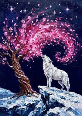Celestial Wolf Howl: Impasto Sakura Tree Night Oil Painting