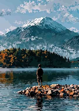 Boy Gazing at Mountain Lake Landscape