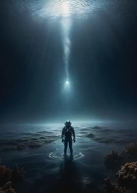 Underwater Diver in Dark Ocean