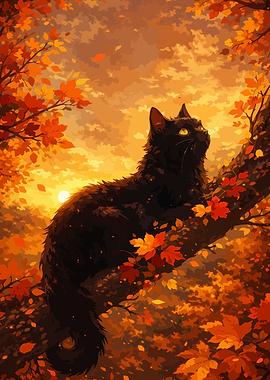 Black Cat in Autumn Tree