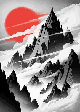 Monochrome Mountains with Red Sun