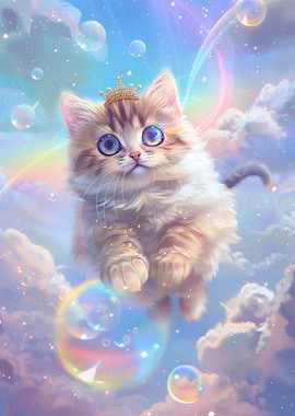 Cute Kitten with Crown in Clouds