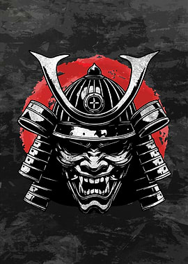 Samurai Mask with Red Moon