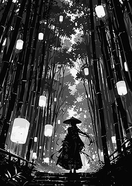 Monochrome Bamboo Forest with Lanterns